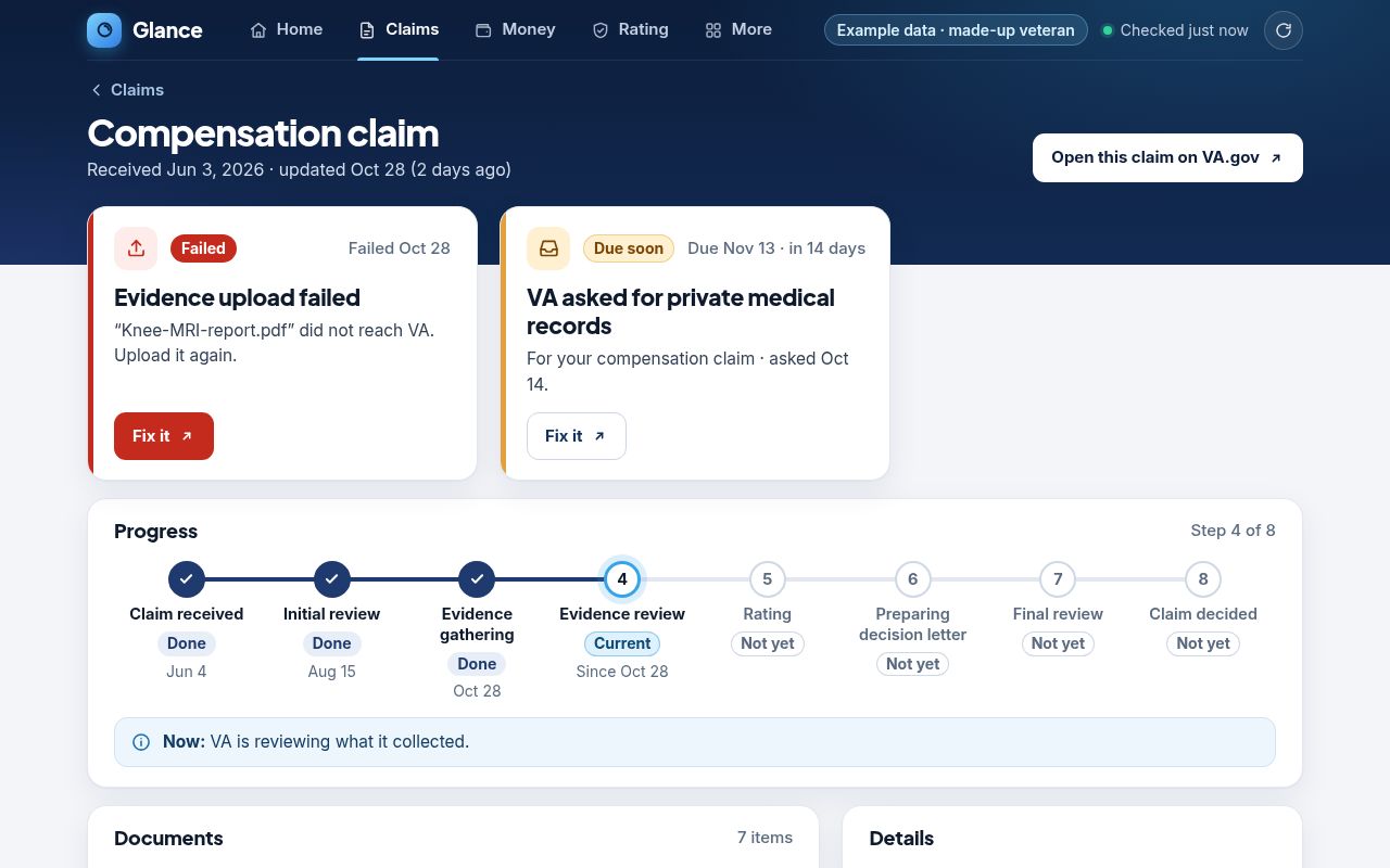 A compensation claim page in Glance showing two to-do cards and an eight-step progress tracker, currently at step 4, Evidence review.