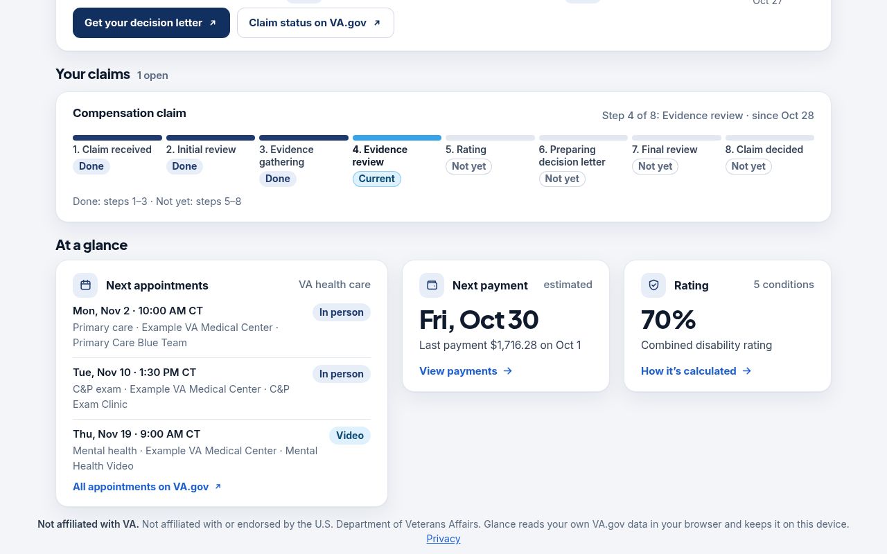 Glance at-a-glance cards with sample data: upcoming VA appointments, the estimated next payment date, and a 70 percent combined disability rating.